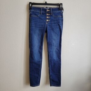 Abercrombie Kids High Rise Dark Blue Jean Leggings W Button Fly Girls 7/8 Long